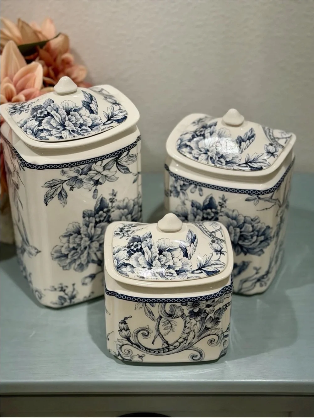 Set (3) 222 Fifth Adelaide Blue Bird Floral Canisters on White Background ~New~